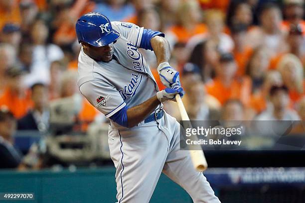 Lorenzo Cain of the Kansas City Royals hits a solo home run in the fourth inning against the Houston Astros in game three of the American League...