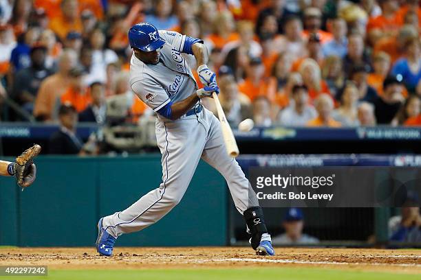 Lorenzo Cain of the Kansas City Royals hits a solo home run in the fourth inning against the Houston Astros in game three of the American League...