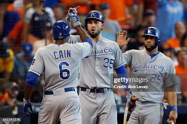 Lorenzo Cain of the Kansas City Royals celebrates with Eric Hosmer of the Kansas City Royals after hitting a solo home run in the fourth inning...