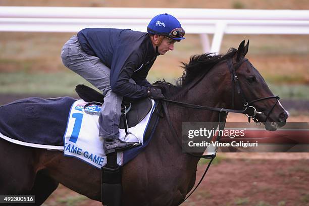 Zac Purton riding Fame Game from Japan during a trackwork session at Werribee Racecourse on October 12, 2015 in Melbourne, Australia. Fame Game is...