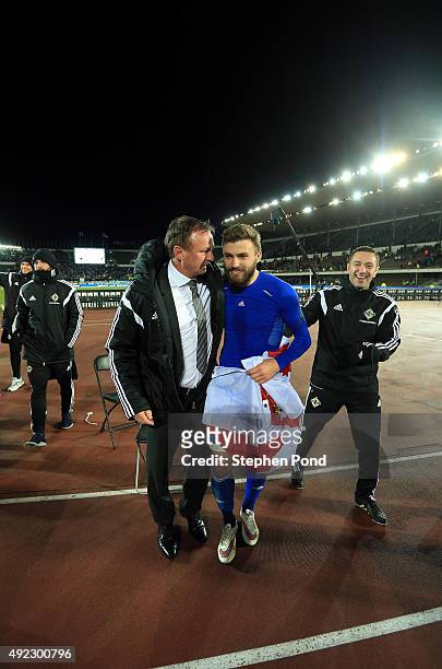 Northern Ireland Manager Michael O'Neill and Stuart Dallas celebrate after the UEFA EURO 2016 Qualifying match between Finland and Northern Ireland...