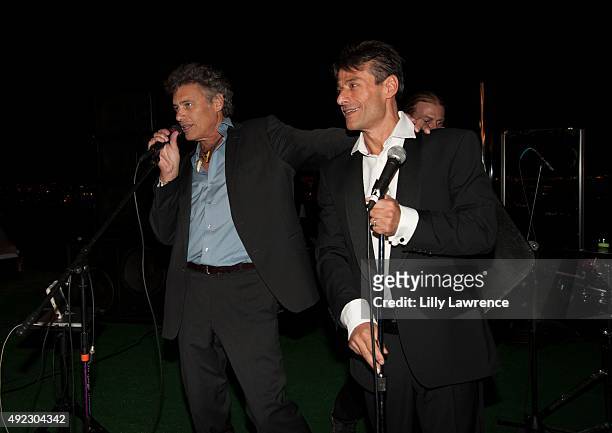 Steven Bauer performs with Dario at Victorino Noval birthday celebration at The Vineyard Beverly Hills on October 10, 2015 in Beverly Hills,...