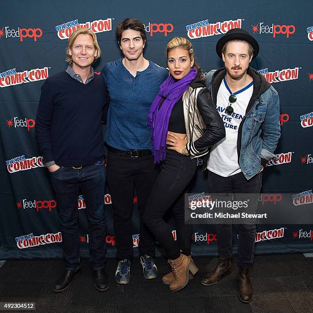 Phil Klemmer, Brandon Routh, Ciara Renee and Arthur Darvill pose in the press room for the "DC's Legends of Tomorrow" panel during Comic Con Day 4 at...