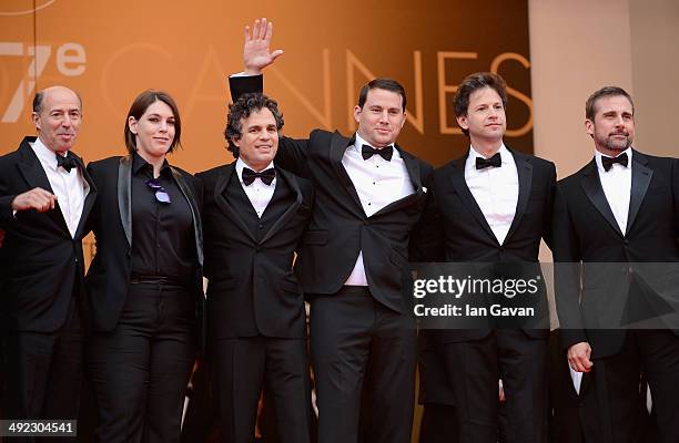 Jon Kilik, Megan Ellison, Mark Ruffalo, Channing Tatum, director Bennett Miller and Steve Carell attend the "Foxcatcher" premiere during the 67th...