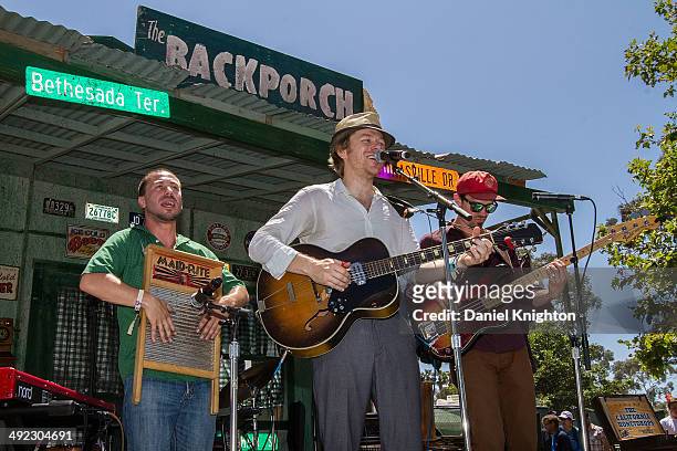 Musicians Ben Malament, Lech Wierzynski, and Beau Bradbury of The California Honeydrops perform on stage at Doheny State Beach on May 18, 2014 in...