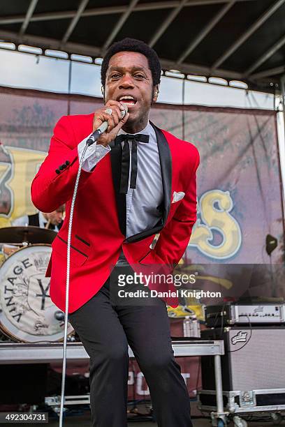 Musician Ty Taylor performs on stage with Vintage Trouble at Doheny State Beach on May 18, 2014 in Dana Point, California.