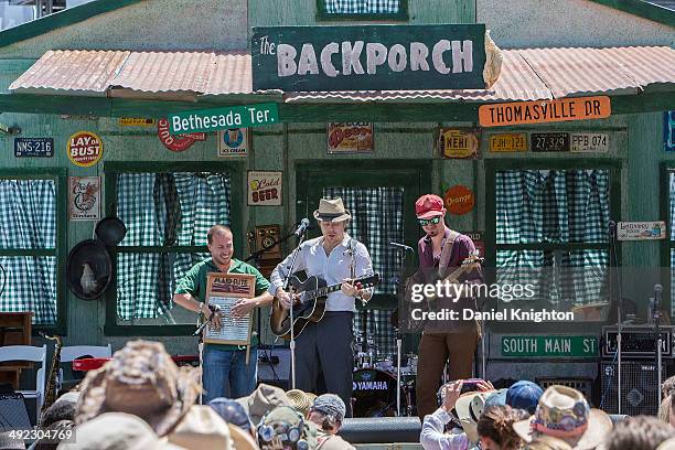 Musicians Ben Malament, Lech Wierzynski, and Beau Bradbury of The California Honeydrops perform on stage at Doheny State Beach on May 18, 2014 in...