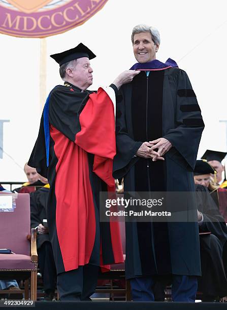 Secretary of State John Kerry delivered the commencement speech and received an honory degree from B.C. President William Leahy at Boston College's...