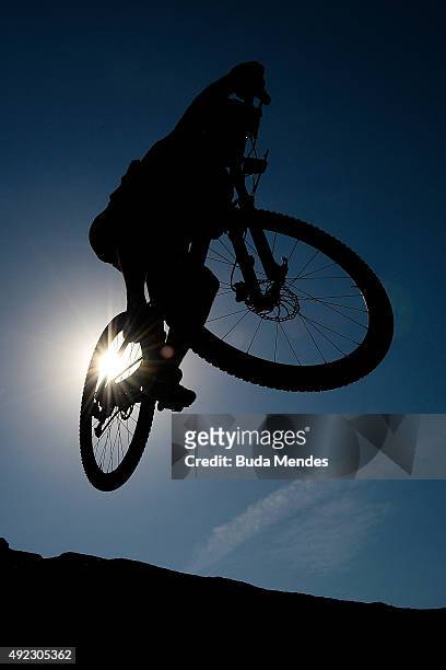 An athlete competes in the International Mountain Bike Challenge at the Deodoro Sports Complex on October 11, 2015 in Rio de Janeiro, Brazil. Some of...