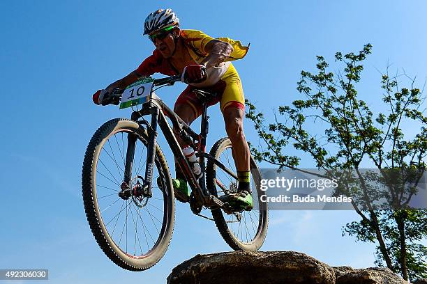 Carlos Nicolas of Spain competes in the International Mountain Bike Challenge at the Deodoro Sports Complex on October 11, 2015 in Rio de Janeiro,...