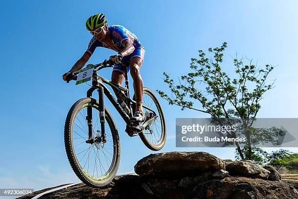 Ondrej Cink of Czech Republic competes in the International Mountain Bike Challenge at the Deodoro Sports Complex on October 11, 2015 in Rio de...