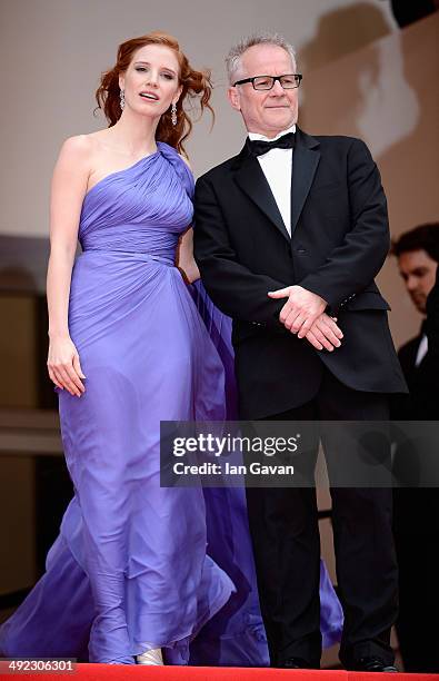 Jessica Chastain and General Delegate of the Cannes Film Festival Thierry Fremaux attend the "Foxcatcher" premiere during the 67th Annual Cannes Film...