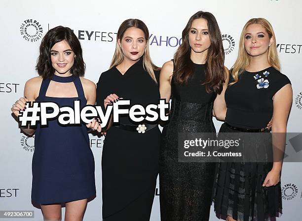 Actors Lucy Hale, Ashley Benson, Troian Bellisario and Sasha Pieterse attend the "Pretty Little Liars" panal discussion during the PaleyFest New York...
