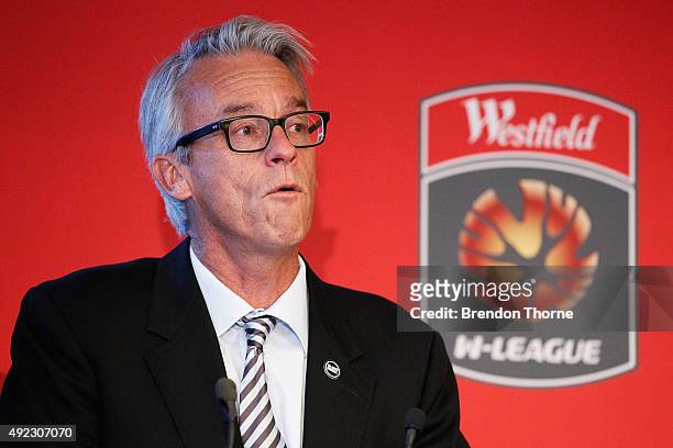 David Gallop speaks during the 2015/16 W-League season launch at Westfield Towers on October 12, 2015 in Sydney, Australia.