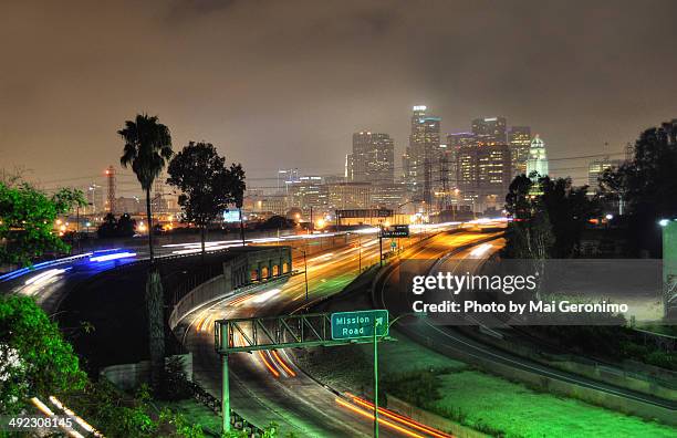 downtown los angeles at night - los angeles winter stock pictures, royalty-free photos & images