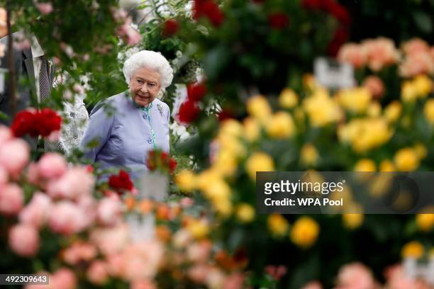 Queen Elizabeth II looks at a dispaly during a visit to the Chelsea Flower Show on press day on May 19, 2014 in London, England.