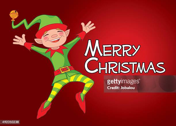 ilustraciones, imágenes clip art, dibujos animados e iconos de stock de elf anuncia feliz navidad - brincar