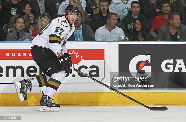 Brady Austin of the London Knights skates against the Edmonton Oil Kings in Game Three of the 2014 MasterCard Memorial Cup at Budweiser Gardens on...