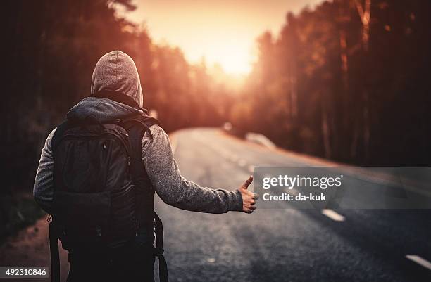 hitchhiking traveler trying to stop the car on road - hitchhiking 個照片及圖片檔