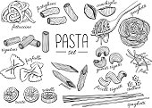 Vector hand drawn pasta set. Vintage line art illustration