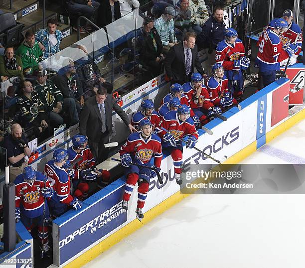 An overview of the Edmonton Oil Kings bench during play against the London Knights in Game Three of the 2014 MasterCard Memorial Cup at Budweiser...