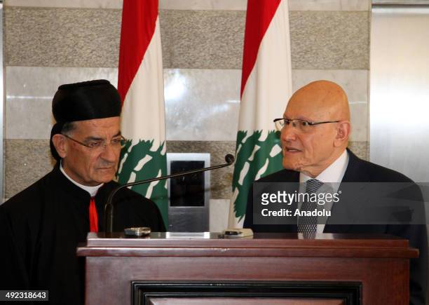 Bechara Boutros al-Rahi, 77th Maronite Patriarch of Antioch, holds a press conference with the Lebanon's Prime Minister Tammam Salam in Beirut,...