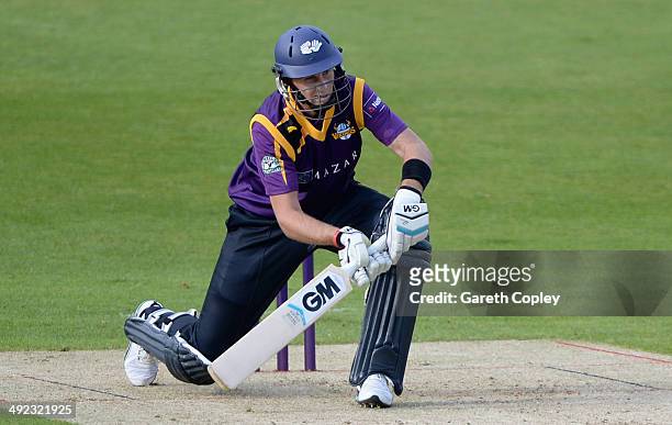 Joe Root of Yorkshire bats during the Natwest T20 Blast match between Yorkshire Vikings and Northants Steelbacks at Headingley on May 16, 2014 in...