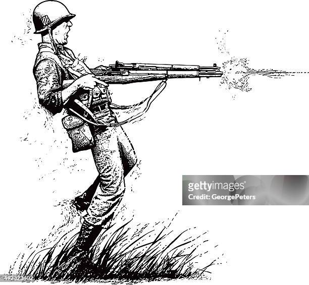 courageous u.s. soldier shooting 2 rifles in combat - korean war stock illustrations