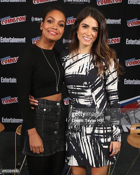 Lyndie Greenwood and Nikki Reed visit the SiriusXM Studios during New York Comic-Con at The Jacob K. Javits Convention Center on October 11, 2015 in...