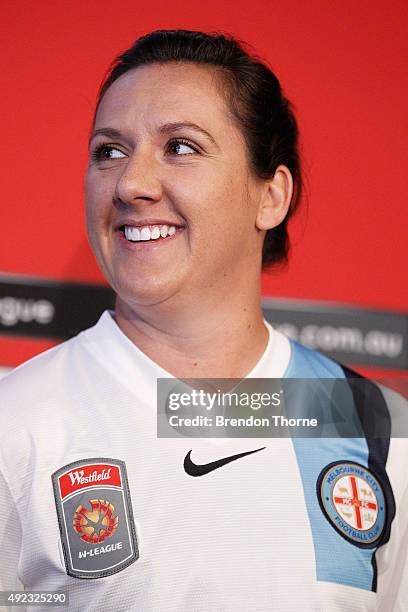 Lisa De Vanna of Melbourne City speaks during the 2015/16 W-League season launch at Westfield Towers on October 12, 2015 in Sydney, Australia.