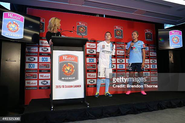 Lisa De Vanna of Melbourne City and Kyah Simon of Sydney FC speak during the 2015/16 W-League season launch at Westfield Towers on October 12, 2015...