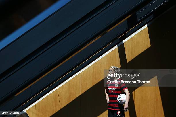 Caitlin Cooper of Western Sydney Wanderers poses following the 2015/16 W-League season launch at Westfield Towers on October 12, 2015 in Sydney,...