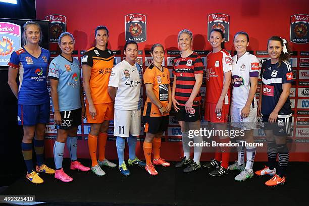 Tara Andrews of Newcastle Jets, Kyah Simon of Sydney FC, Lydia Williams of Canberra, Lisa De Vanna of Melbourne City, Katrina Gorry of Brisbane Roar,...