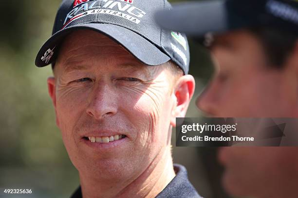 Steven Richards speaks at Mrs Macquarie's Chair on October 12, 2015 in Sydney, Australia. Lowndes and Richards won the Bathurst 1000 yesterday....