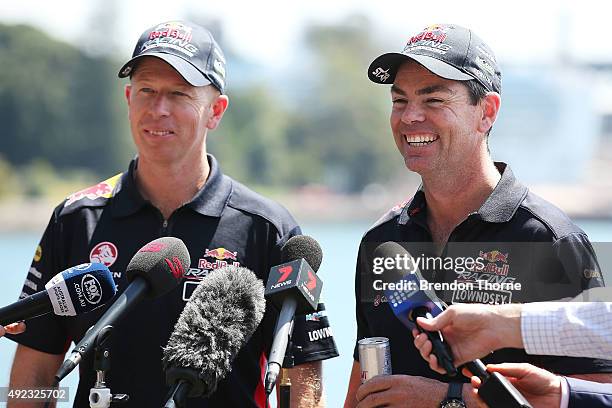 Steven Richards and Craig Lowndes speak to the media at Mrs Macquarie's Chair on October 12, 2015 in Sydney, Australia. Lowndes and Richards won the...