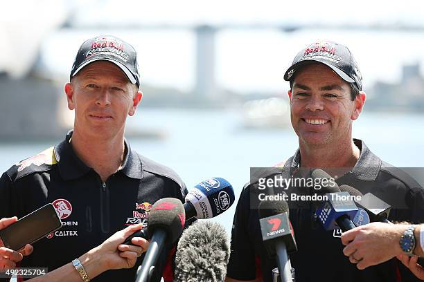 Steven Richards and Craig Lowndes speak to the media at Mrs Macquarie's Chair on October 12, 2015 in Sydney, Australia. Lowndes and Richards won the...