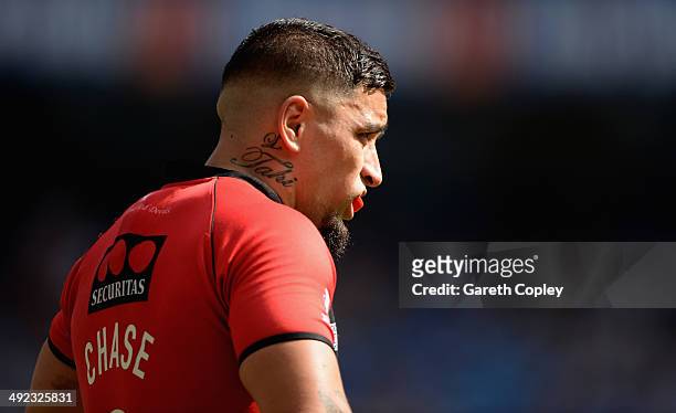 Rangi Chase of Salford Red Devils in action during the Super League match between Widnes Vikings and Salford Red Devils at Etihad Stadium on May 17,...