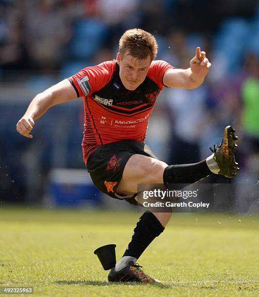 Jake Mullaney of Salford Red Devils in action during the Super League match between Widnes Vikings and Salford Red Devils at Etihad Stadium on May...