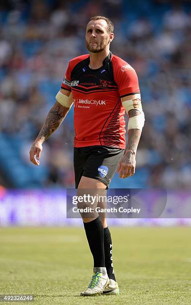 Gareth Hock of Salford Red Devils during the Super League match between Widnes Vikings and Salford Red Devils at Etihad Stadium on May 17, 2014 in...