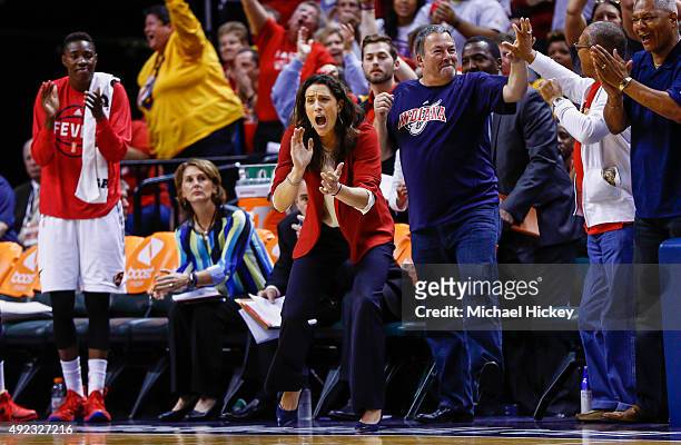 Head coach Stephanie White of the Indiana Fever is seen during the game against the Minnesota Lynx at Bankers Life Fieldhouse on October 11, 2015 in...
