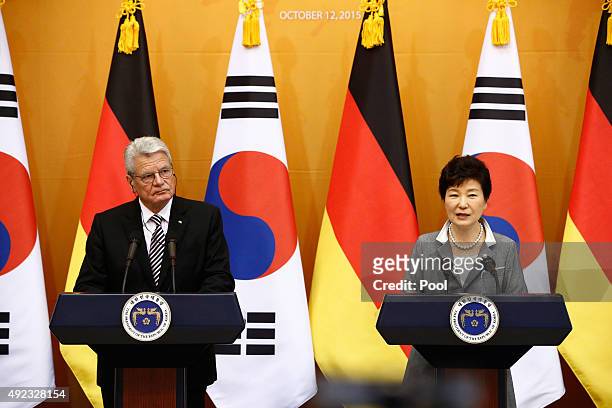 German President Joachim Gauck and South Korean President Park Geun-Hye attend the joint press conference at the presidential houseon October 12,...