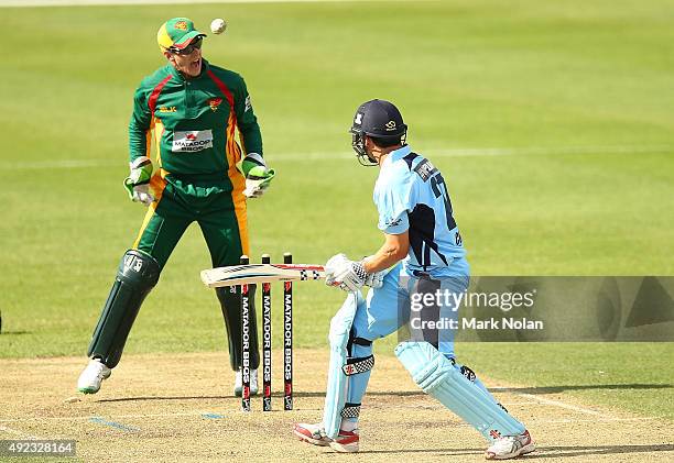 Ed Cowan of the Blues is bowled by Xavier Doherty of the Tigers during the Matador BBQs One Day Cup match between Tasmania and New South Wales at...