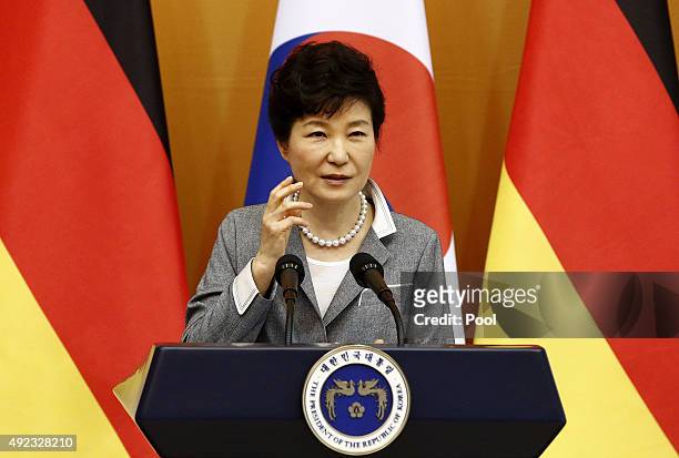 South Korean President Park Geun-Hye speak during the joint press conference with German President Joachim Gauck at the presidential houseon October...