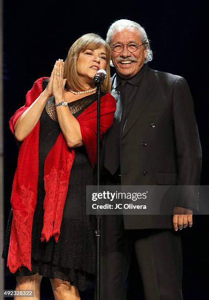 Politician Loretta Sanchez and actor Edward James Olmos speak onstage during The Los Angeles Times and Hoy 2015 Latinos de Hoy Awards at Dolby...