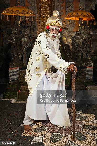 Rahwana demon in the form of an old priest character of the Taman Kaja troup posing after a show.