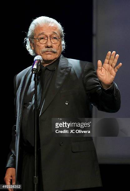 Actor Edward James Olmos speaks onstage during The Los Angeles Times and Hoy 2015 Latinos de Hoy Awards at Dolby Theatre on October 11, 2015 in...