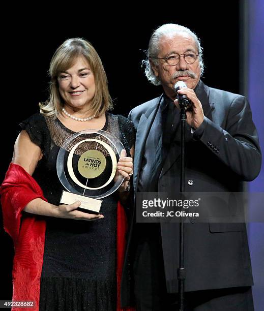 Politician Loretta Sanchez and actor Edward James Olmos speak onstage during The Los Angeles Times and Hoy 2015 Latinos de Hoy Awards at Dolby...