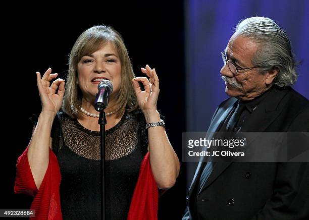 Politician Loretta Sanchez and actor Edward James Olmos speak onstage during The Los Angeles Times and Hoy 2015 Latinos de Hoy Awards at Dolby...
