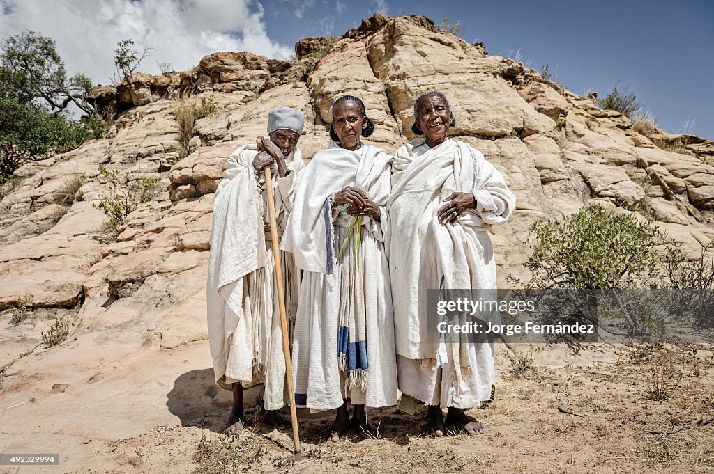 Three old women celebrating Orthodox Easter...