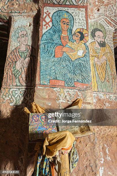 Details of the frescoes on the ceiling of Abuna Yemata Guh church.